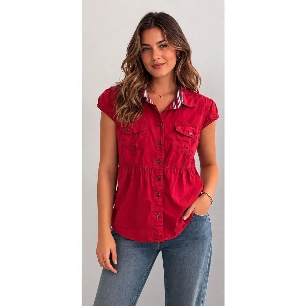Bershka Red Button Up Blouse Womens Small Coquette Y2K Cotton